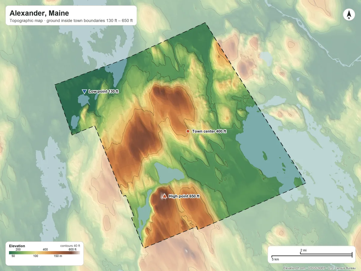 Topographic elevation map of Alexander, Maine, shaded from 130 ft on the west side to 650 ft on Breakneck Mountain