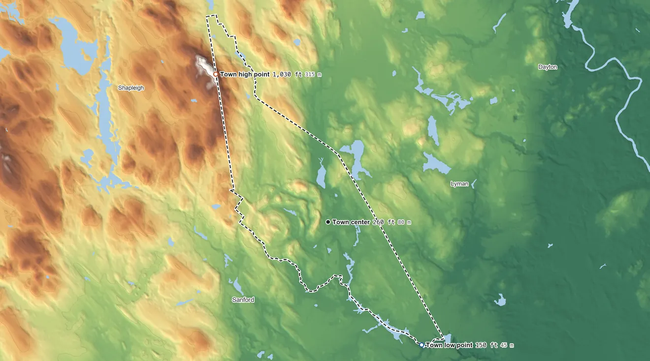Topographic elevation map of Alfred, Maine, shaded from 150 ft on the southeast side to 1,030 ft on the northwest side