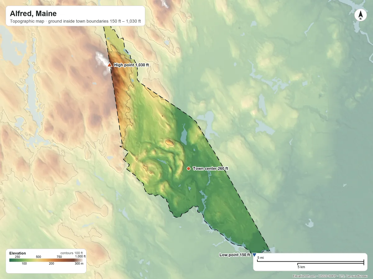Topographic elevation map of Alfred, Maine, shaded from 150 ft on the southeast side to 1,030 ft on the northwest side