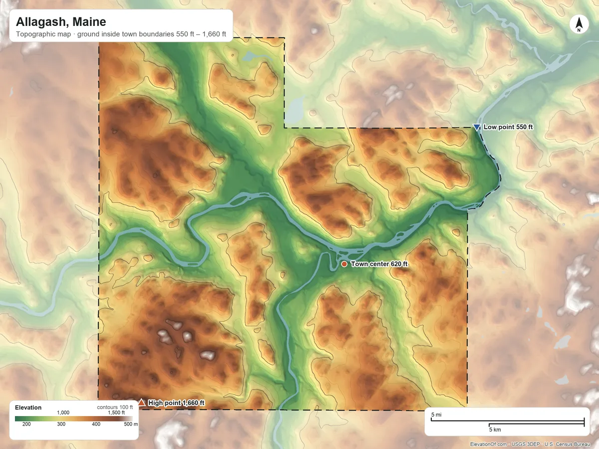 Topographic elevation map of Allagash, Maine, shaded from 550 ft on the northeast side to 1,660 ft on the southwest side