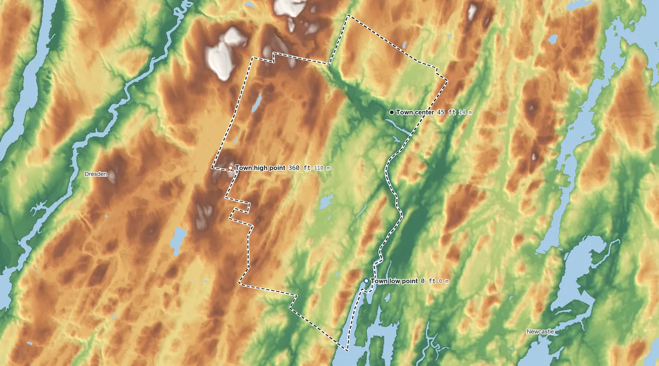 Topographic elevation map of Alna, Maine, shaded from 0 ft on the south side to 360 ft on the west side