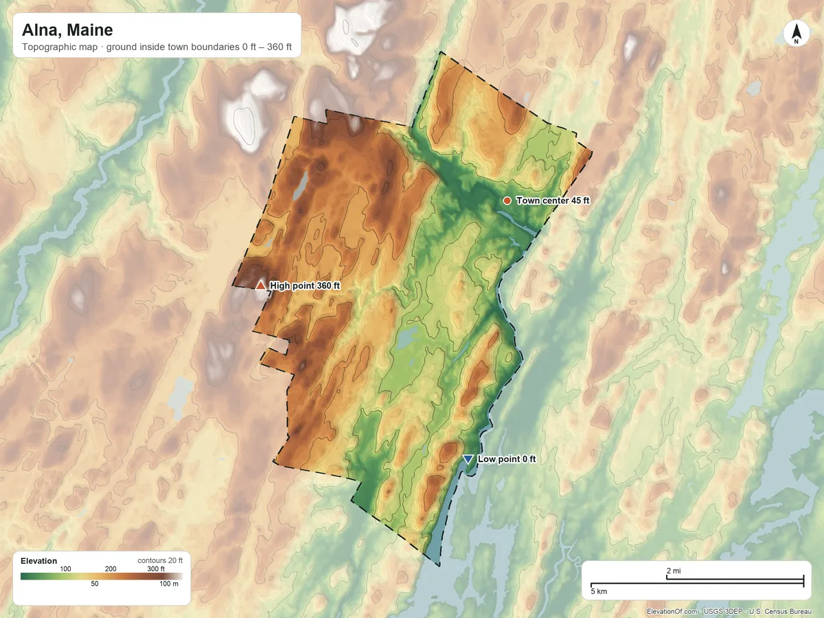 Topographic elevation map of Alna, Maine, shaded from 0 ft on the south side to 360 ft on the west side