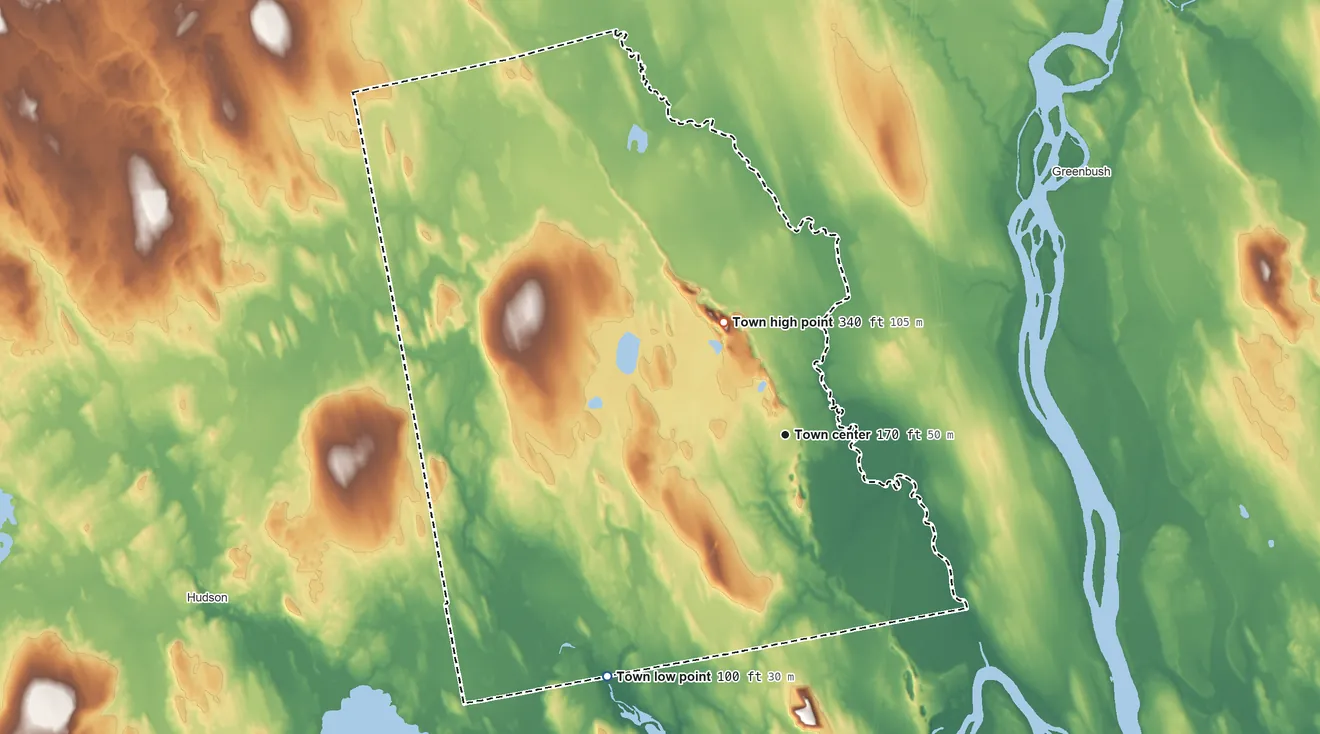 Topographic elevation map of Alton, Maine, shaded from 100 ft on the southwest side to 340 ft on the northwest side