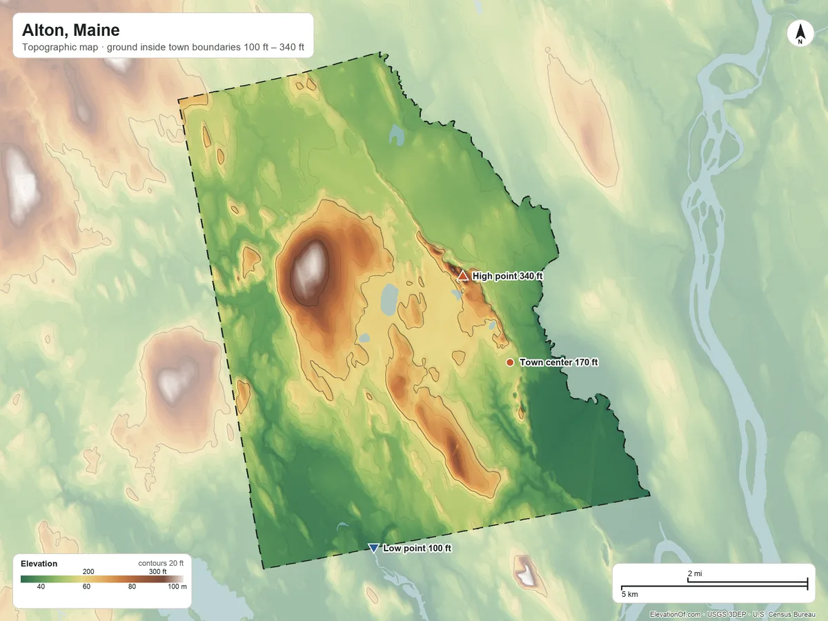Topographic elevation map of Alton, Maine, shaded from 100 ft on the southwest side to 340 ft on the northwest side