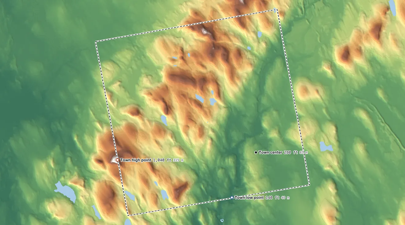 Topographic elevation map of Amherst, Maine, shaded from 140 ft on the southwest side to 1,040 ft on the west edge, below higher ground just outside