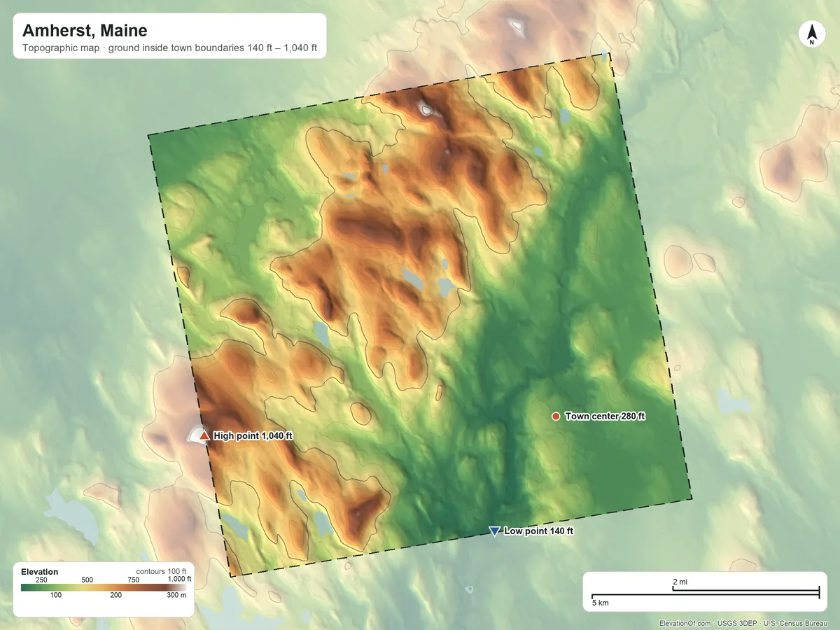Topographic elevation map of Amherst, Maine, shaded from 140 ft on the southwest side to 1,040 ft on the west edge, below higher ground just outside