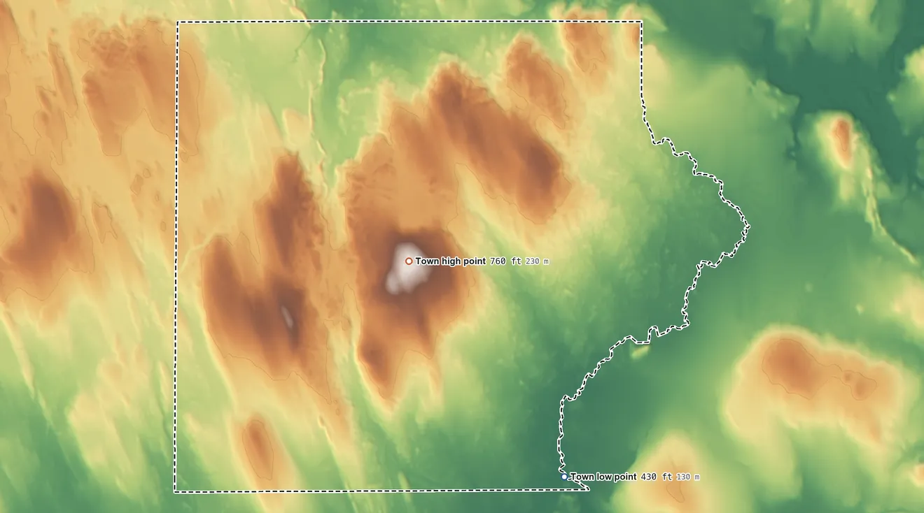 Topographic elevation map of Amity, Maine, shaded from 430 ft on the southeast side to 760 ft on Spring Hill