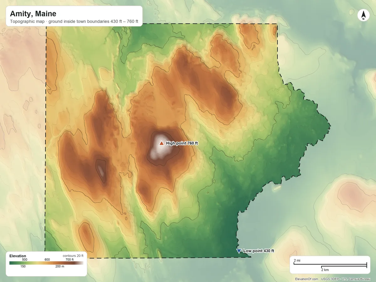 Topographic elevation map of Amity, Maine, shaded from 430 ft on the southeast side to 760 ft on Spring Hill