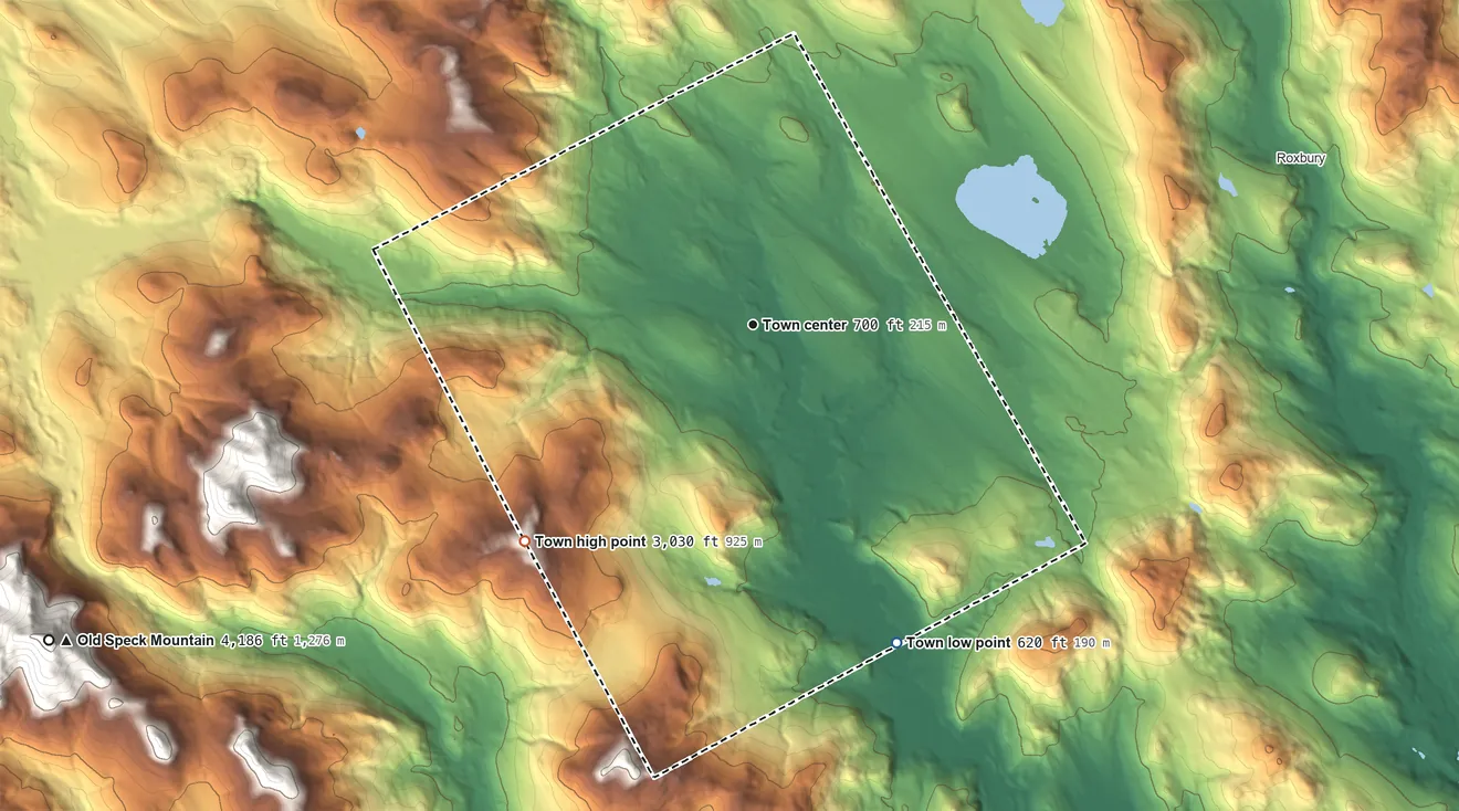 Topographic elevation map of Andover, Maine, shaded from 620 ft on the southeast side to 3,030 ft on the southwest edge, below higher ground just outside