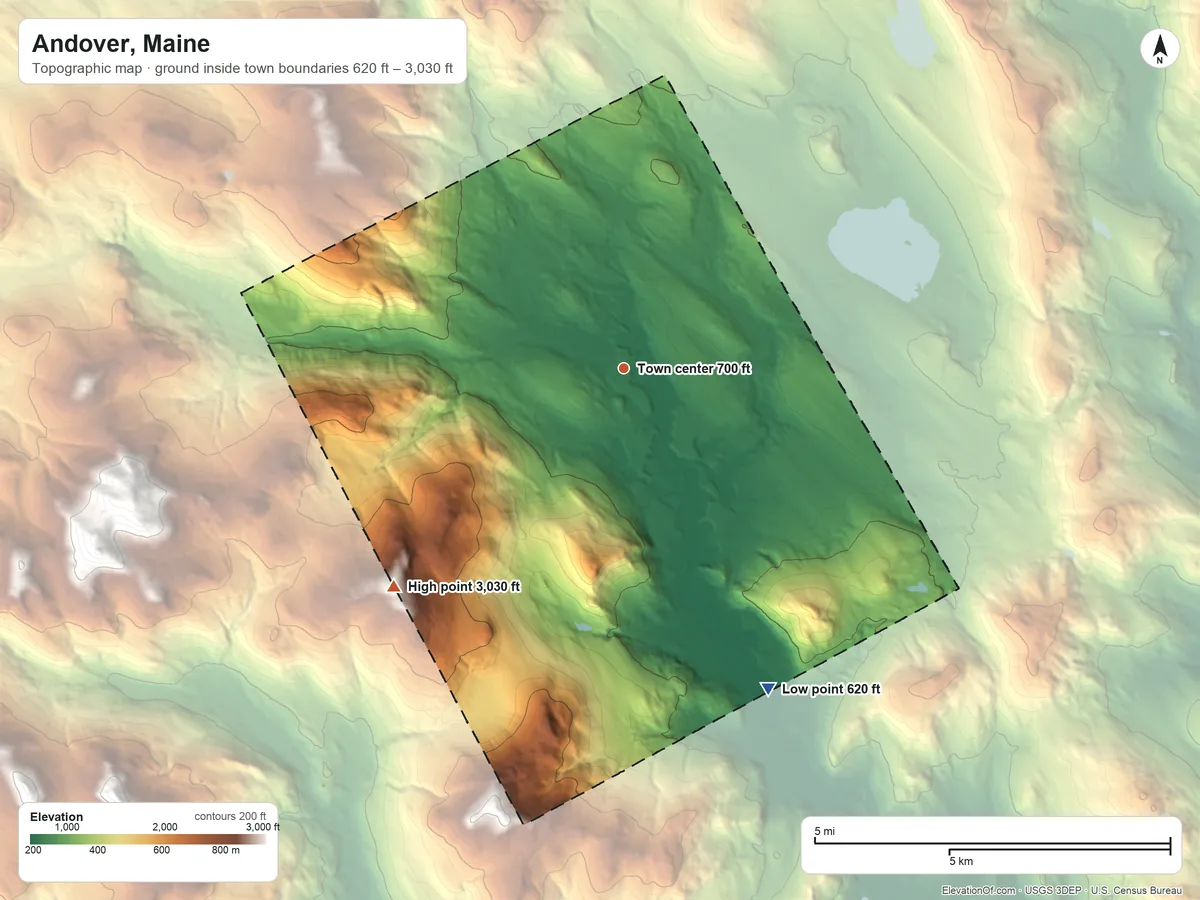 Topographic elevation map of Andover, Maine, shaded from 620 ft on the southeast side to 3,030 ft on the southwest edge, below higher ground just outside