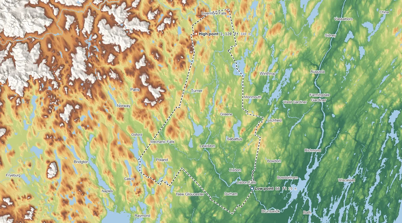 Topographic elevation map of Androscoggin County, Maine, shaded from 66 ft on the southeast side to 1,120 ft on Shackley Hill