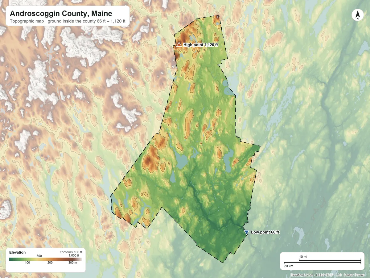 Topographic elevation map of Androscoggin County, Maine, shaded from 66 ft on the southeast side to 1,120 ft on Shackley Hill