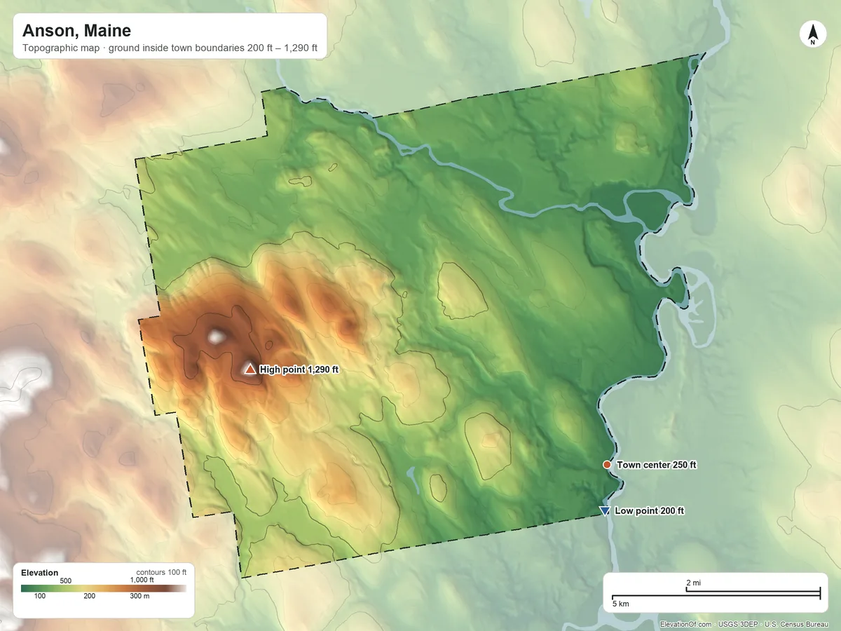 Topographic elevation map of Anson, Maine, shaded from 200 ft near the middle to 1,290 ft on Barton Hill