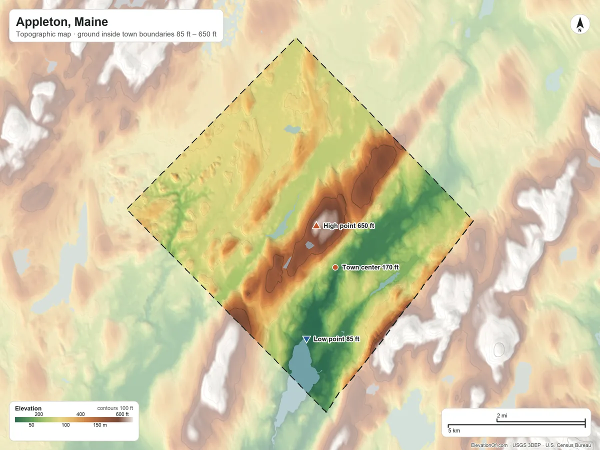 Topographic elevation map of Appleton, Maine, shaded from 85 ft on the south side to 650 ft near the middle