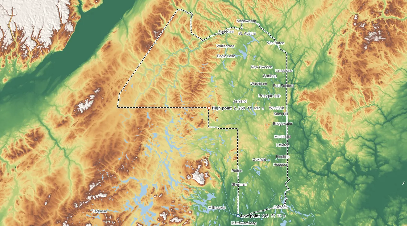 Topographic elevation map of Aroostook County, Maine, shaded from 240 ft on the south side to 2,269 ft on Peaked Mountain