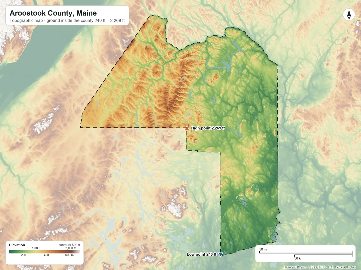 Topographic elevation map of Aroostook County, Maine, shaded from 240 ft on the south side to 2,269 ft on Peaked Mountain