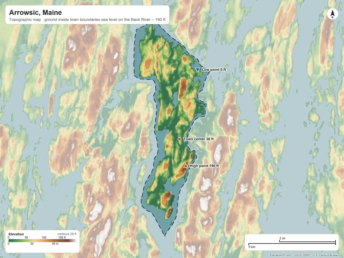 Topographic elevation map of Arrowsic, Maine, shaded from sea level level on the Back River to 190 ft on Tarrs Mountain