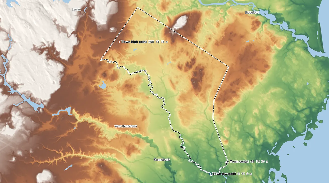 Topographic elevation map of Arundel, Maine, shaded from 0 ft on the southwest side to 250 ft on the northwest side