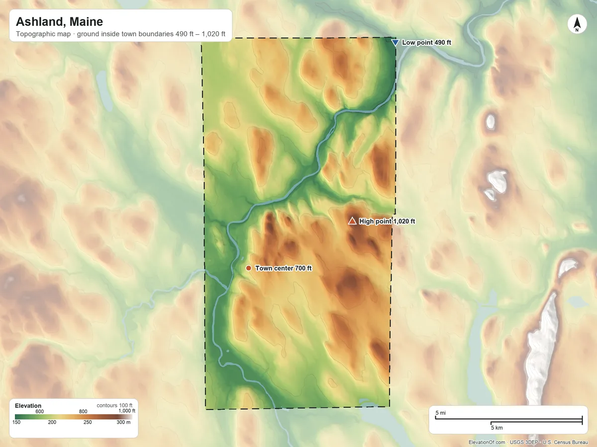 Topographic elevation map of Ashland, Maine, shaded from 490 ft on the northeast side to 1,020 ft on York Ridge