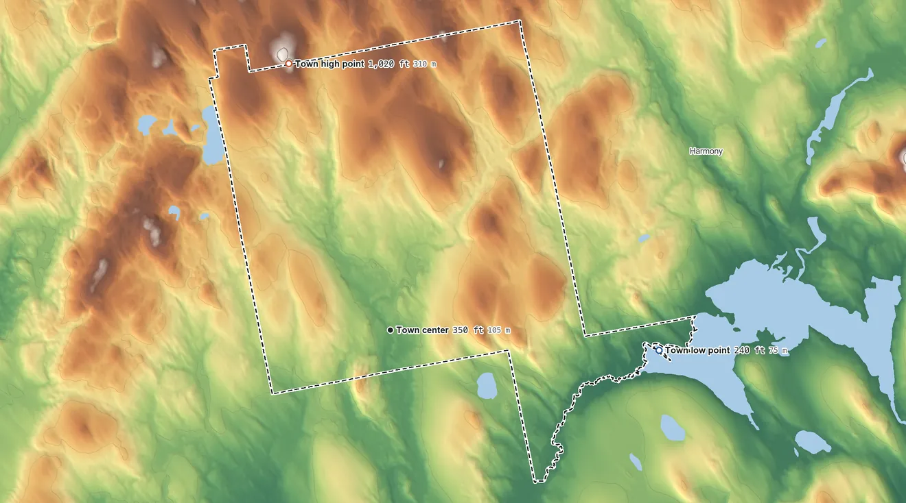 Topographic elevation map of Athens, Maine, shaded from 240 ft on the east side to 1,020 ft on the north edge, below higher ground just outside