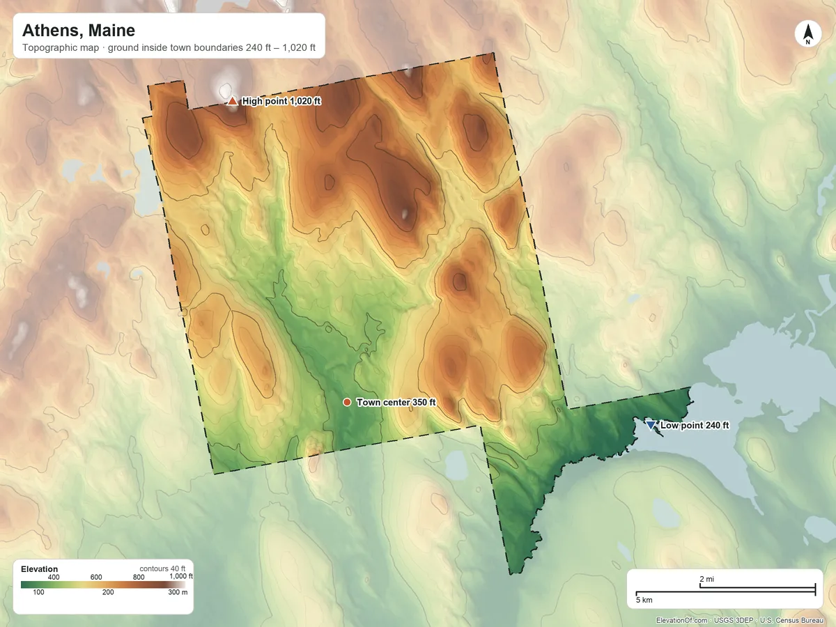 Topographic elevation map of Athens, Maine, shaded from 240 ft on the east side to 1,020 ft on the north edge, below higher ground just outside