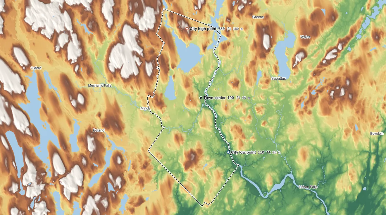 Topographic elevation map of Auburn, Maine, shaded from 110 ft on the southeast side to 580 ft on Dillingham Hill