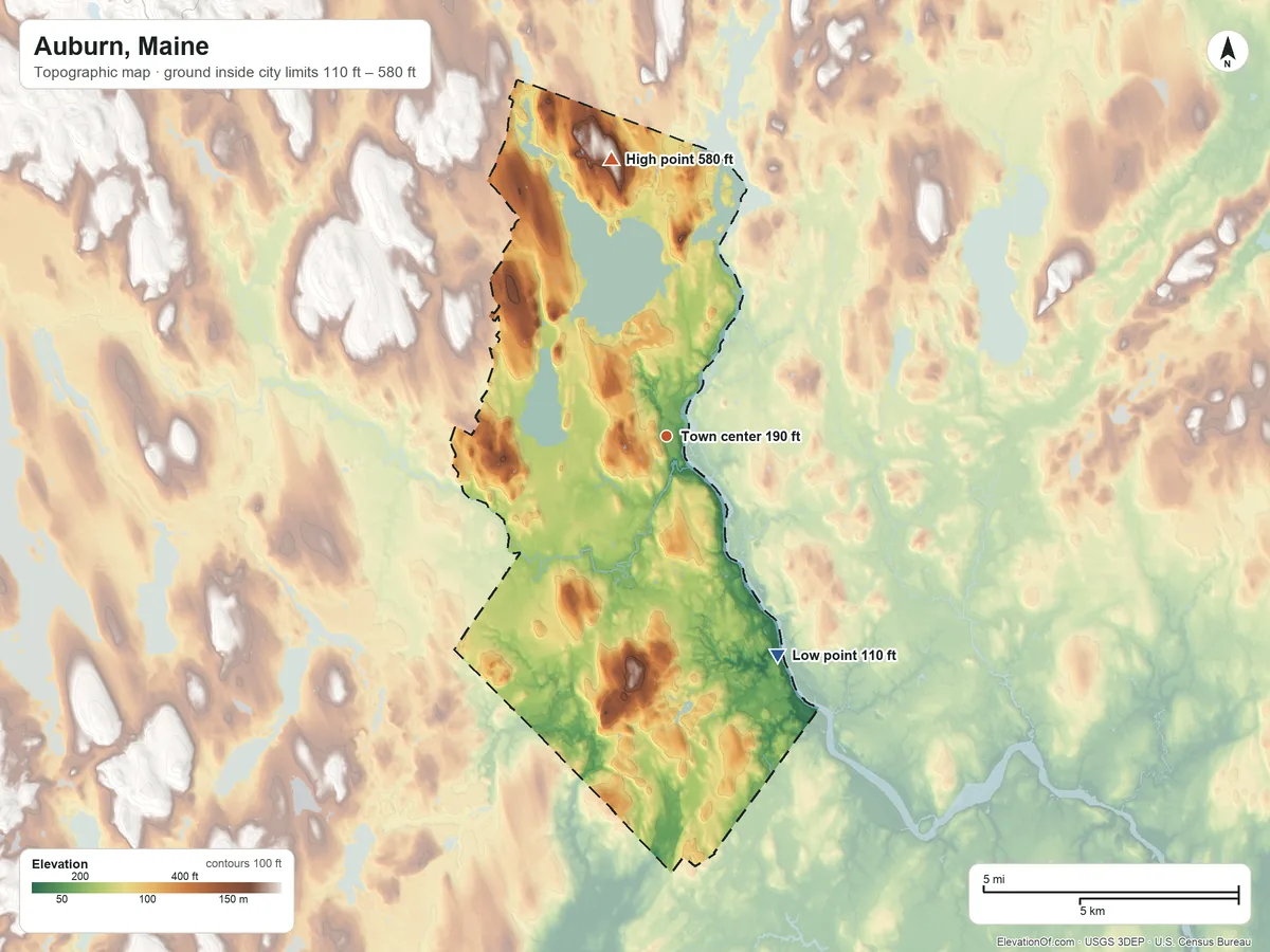 Topographic elevation map of Auburn, Maine, shaded from 110 ft on the southeast side to 580 ft on Dillingham Hill