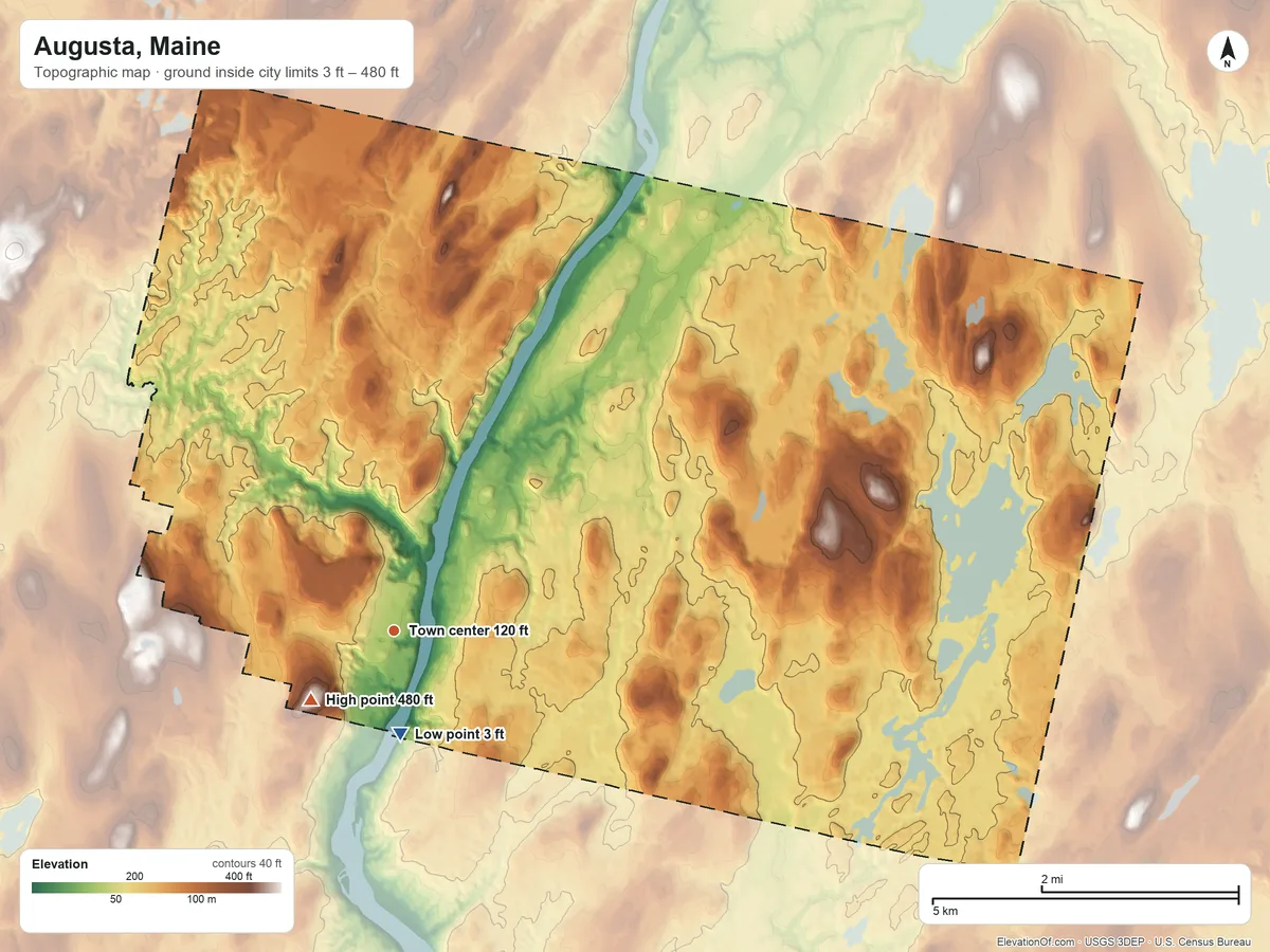 Topographic elevation map of Augusta, Maine, shaded from 3 ft near the middle to 480 ft on Howard Hill