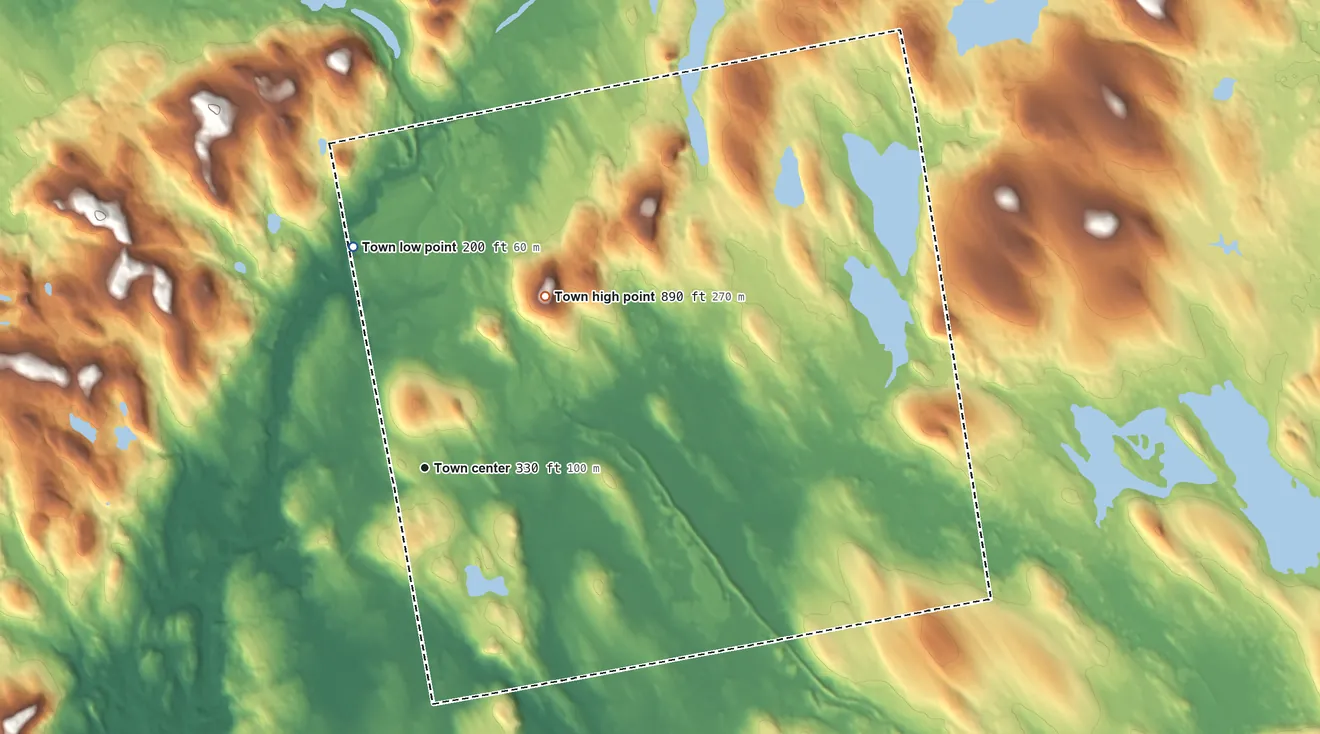 Topographic elevation map of Aurora, Maine, shaded from 200 ft on the north side to 890 ft on Spruce Mountain