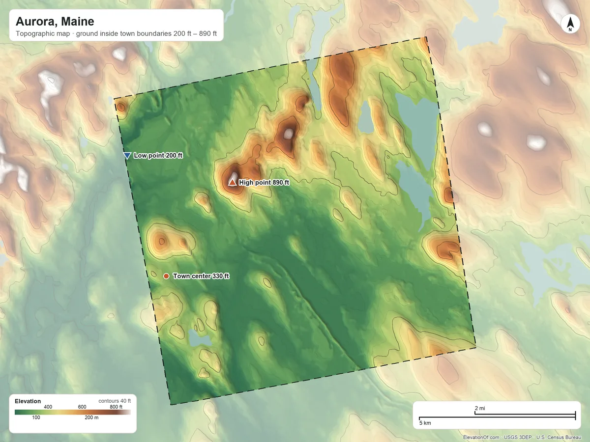 Topographic elevation map of Aurora, Maine, shaded from 200 ft on the north side to 890 ft on Spruce Mountain