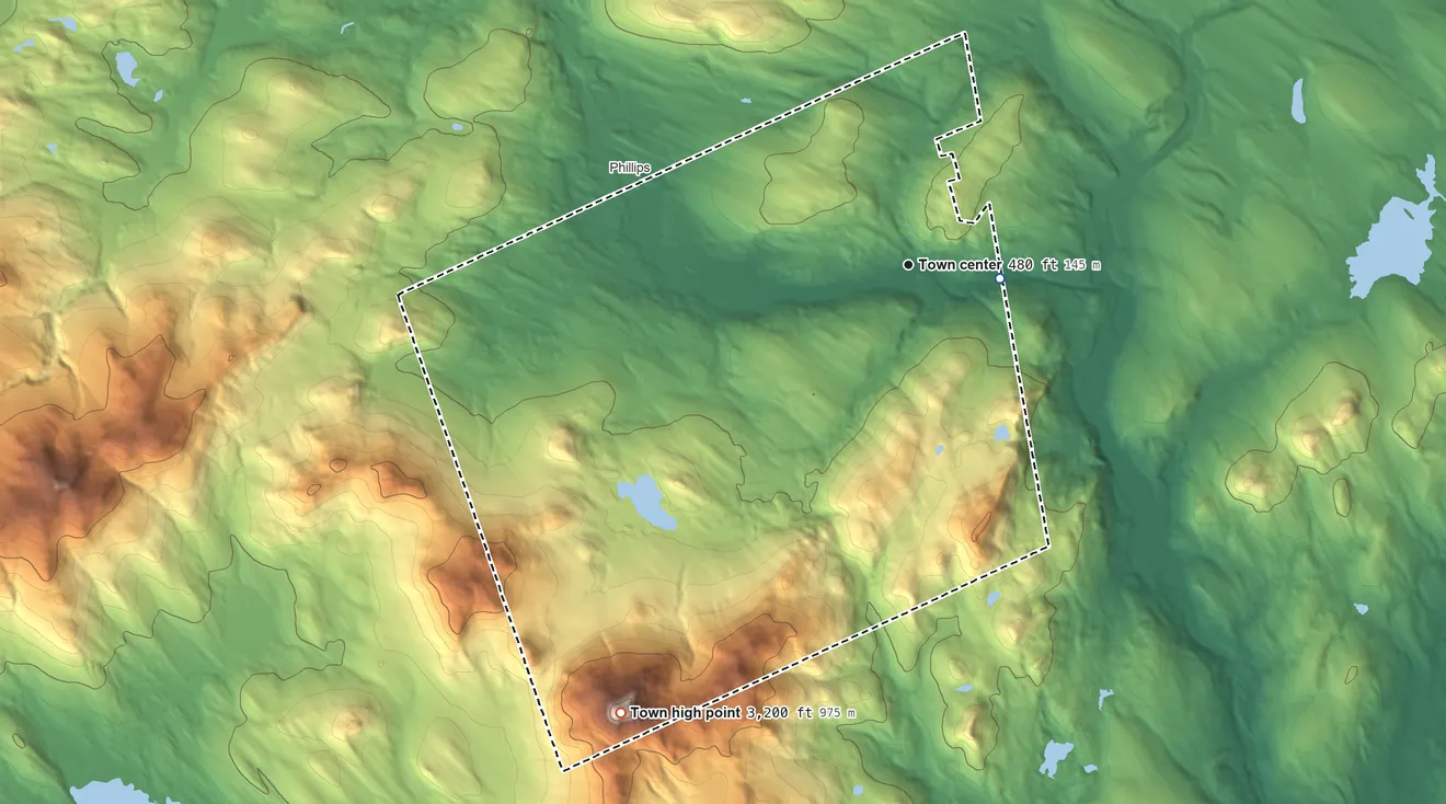Topographic elevation map of Avon, Maine, shaded from 450 ft near the middle to 3,202 ft on Mount Blue