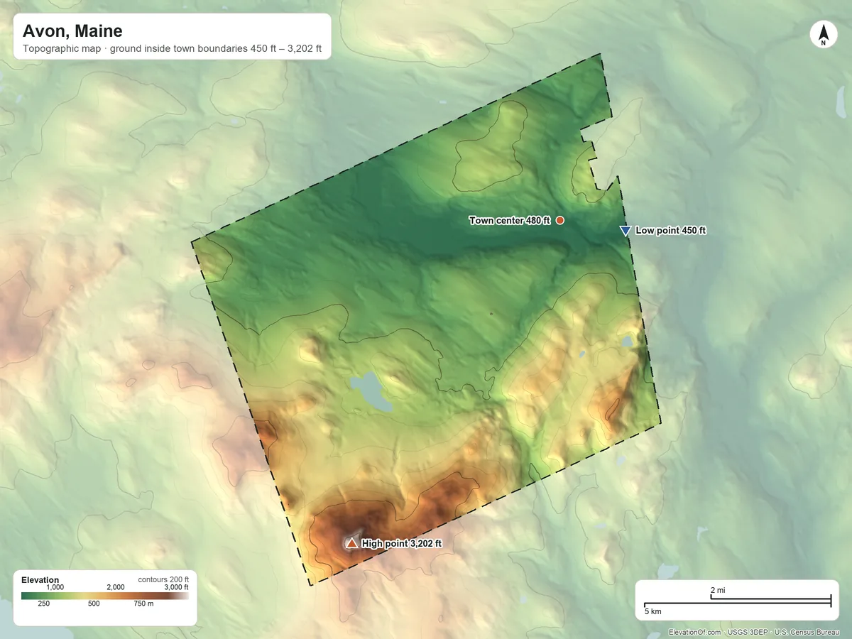 Topographic elevation map of Avon, Maine, shaded from 450 ft near the middle to 3,202 ft on Mount Blue