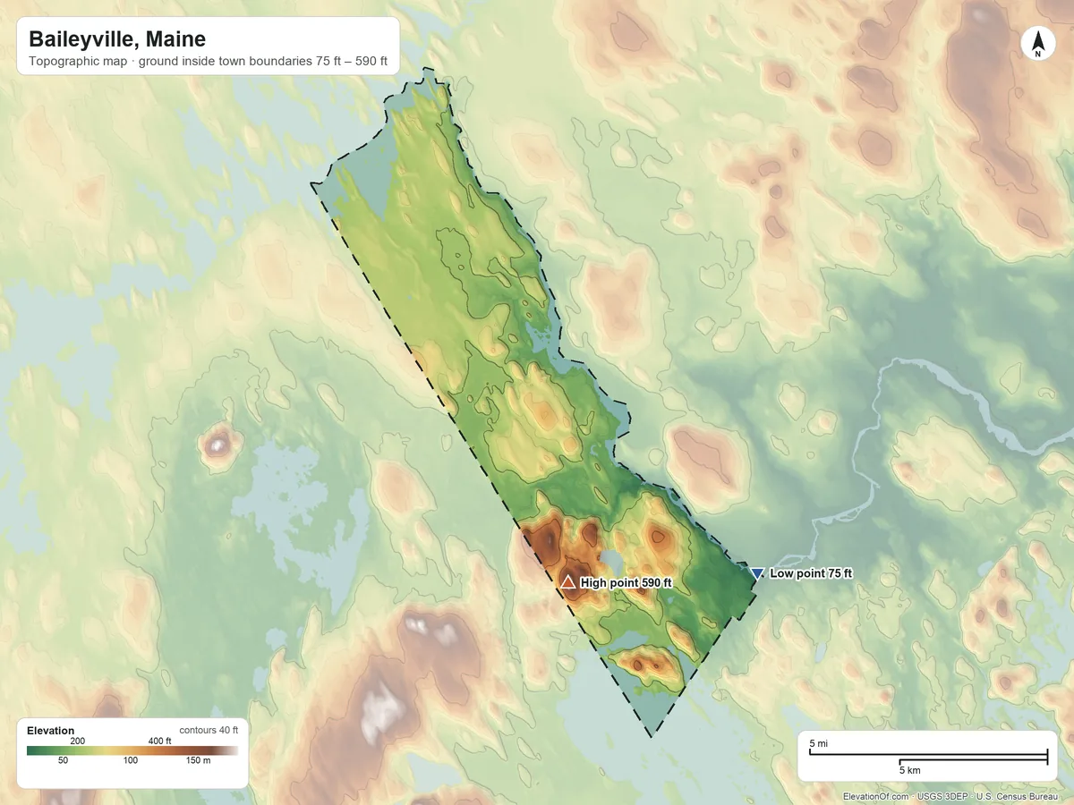 Topographic elevation map of Baileyville, Maine, shaded from 75 ft on the southeast side to 590 ft on Rye Hill