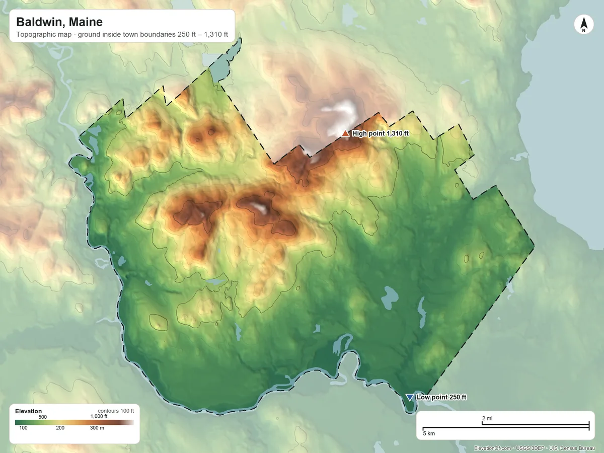 Topographic elevation map of Baldwin, Maine, shaded from 250 ft on the southeast side to 1,310 ft on the north edge, below higher ground just outside