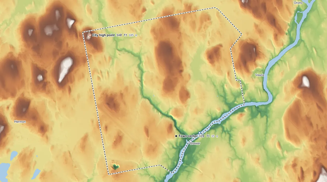 Topographic elevation map of Bangor, Maine, shaded from 0 ft on the east side to 340 ft on the northwest side