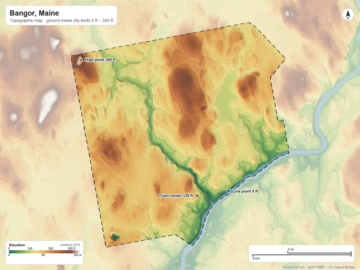 Topographic elevation map of Bangor, Maine, shaded from 0 ft on the east side to 340 ft on the northwest side