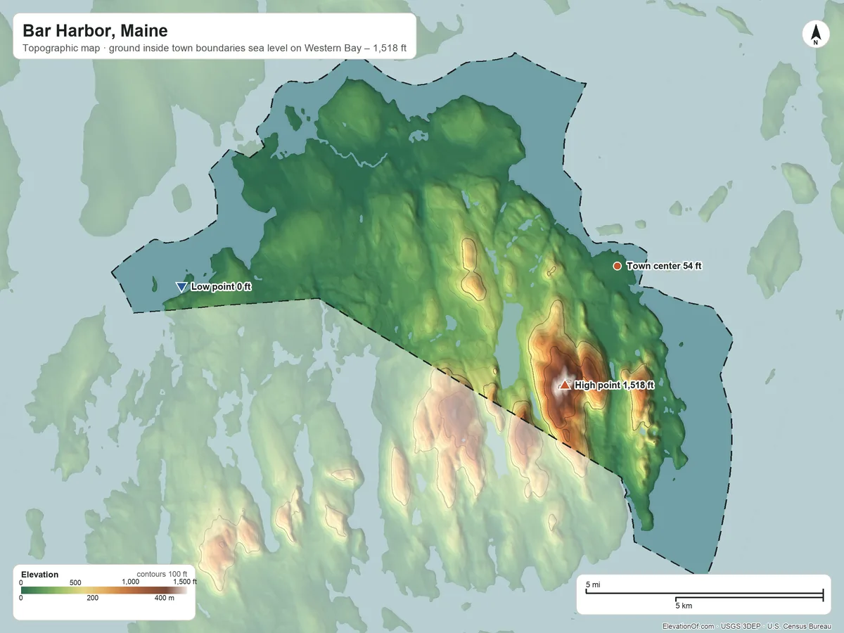 Topographic elevation map of Bar Harbor, Maine, shaded from sea level level on Western Bay to 1,518 ft on Cadillac Mountain