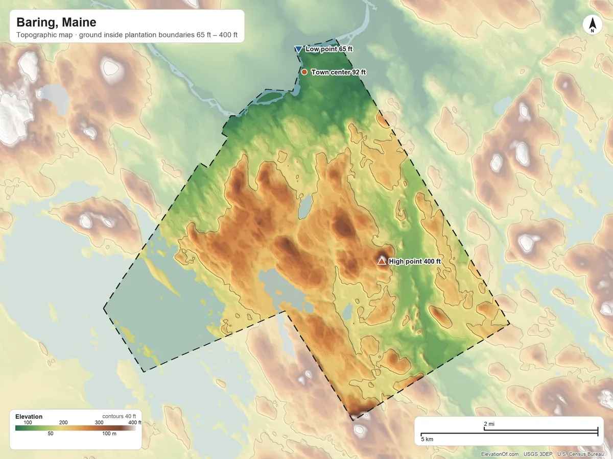 Topographic elevation map of Baring, Maine, shaded from 65 ft near the middle to 400 ft on Bald Mountain