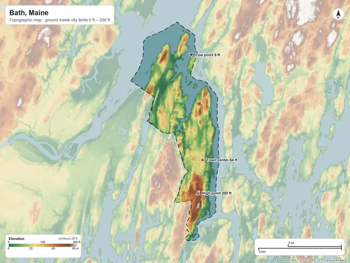 Topographic elevation map of Bath, Maine, shaded from 0 ft on the north side to 200 ft on the south side