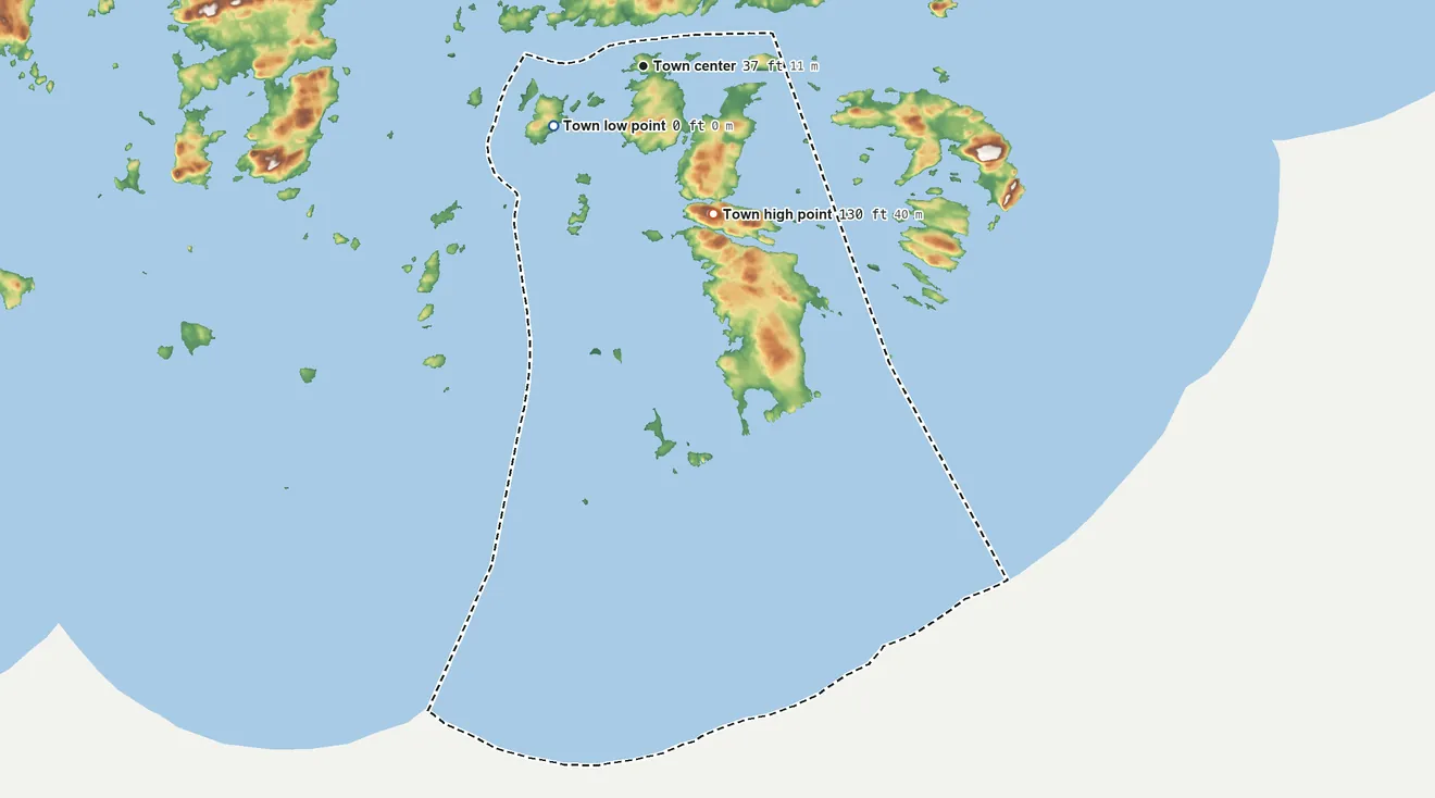Topographic elevation map of Beals, Maine, shaded from sea level level on the Gulf of Maine to 130 ft on the southeast side