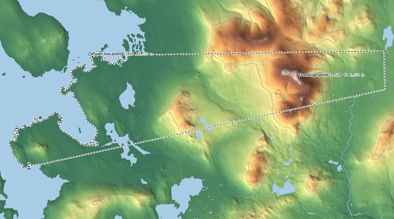 Topographic elevation map of Beaver Cove, Maine, shaded from 1,020 ft near the middle to 3,520 ft on Baker Mountain