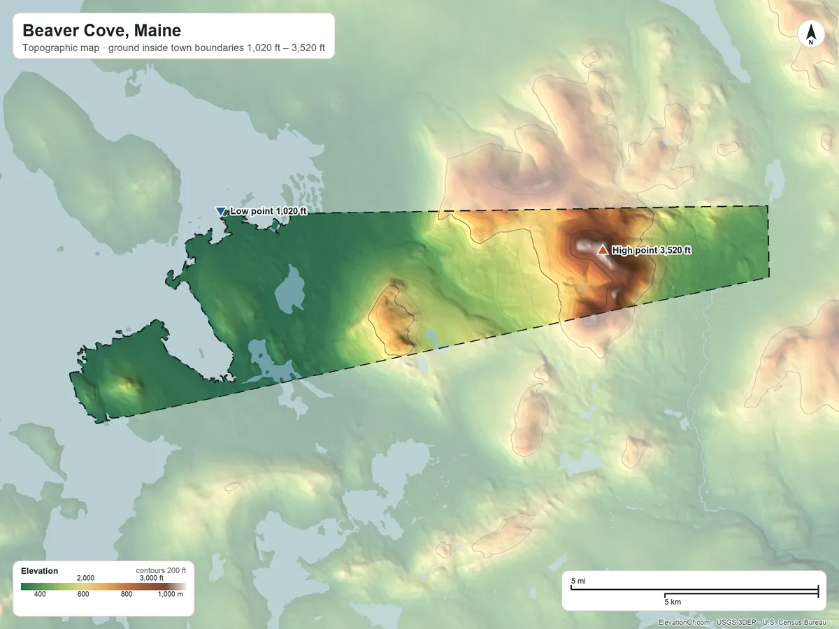 Topographic elevation map of Beaver Cove, Maine, shaded from 1,020 ft near the middle to 3,520 ft on Baker Mountain