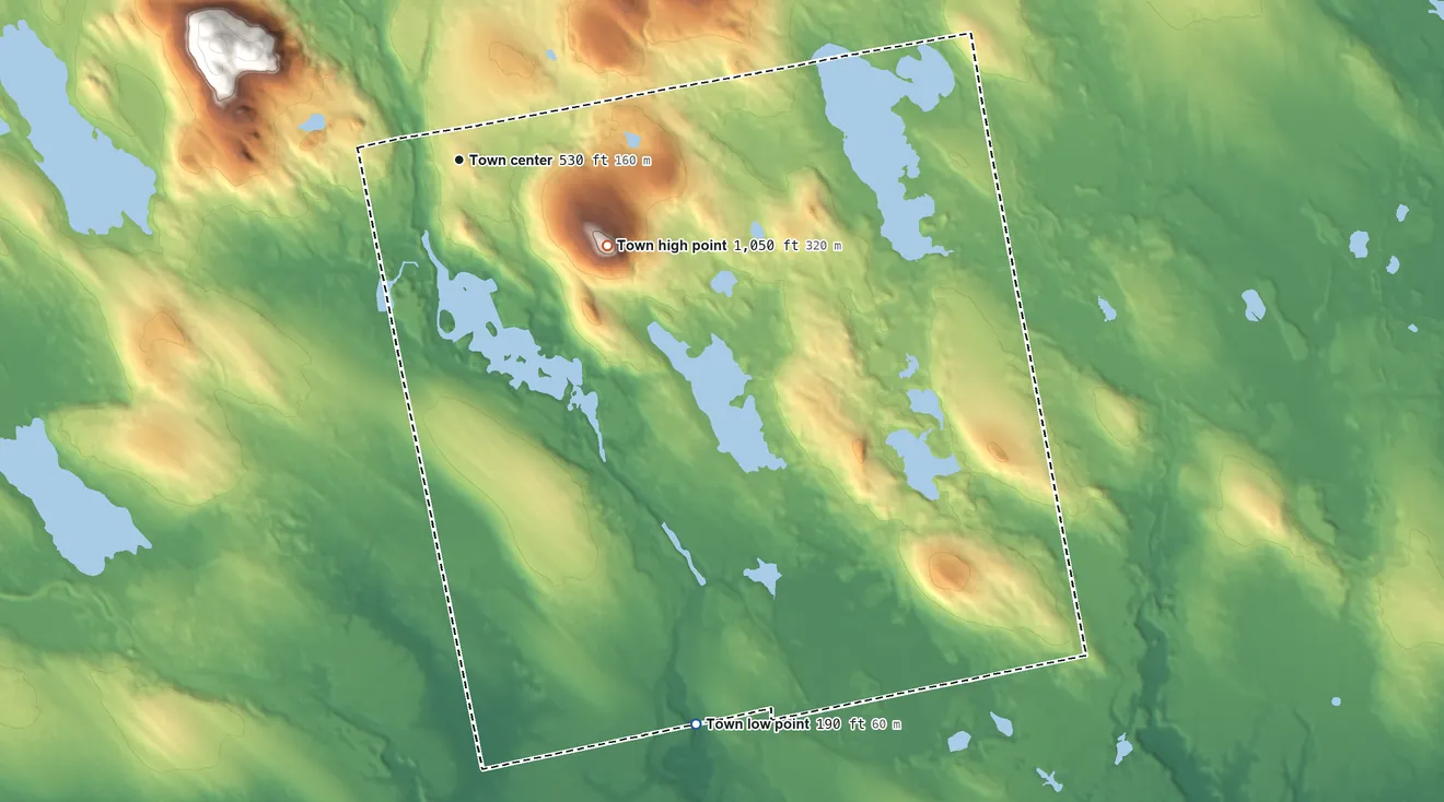 Topographic elevation map of Beddington, Maine, shaded from 190 ft on the southeast side to 1,050 ft on Spruce Mountain