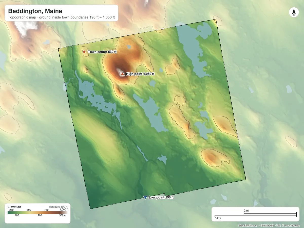 Topographic elevation map of Beddington, Maine, shaded from 190 ft on the southeast side to 1,050 ft on Spruce Mountain