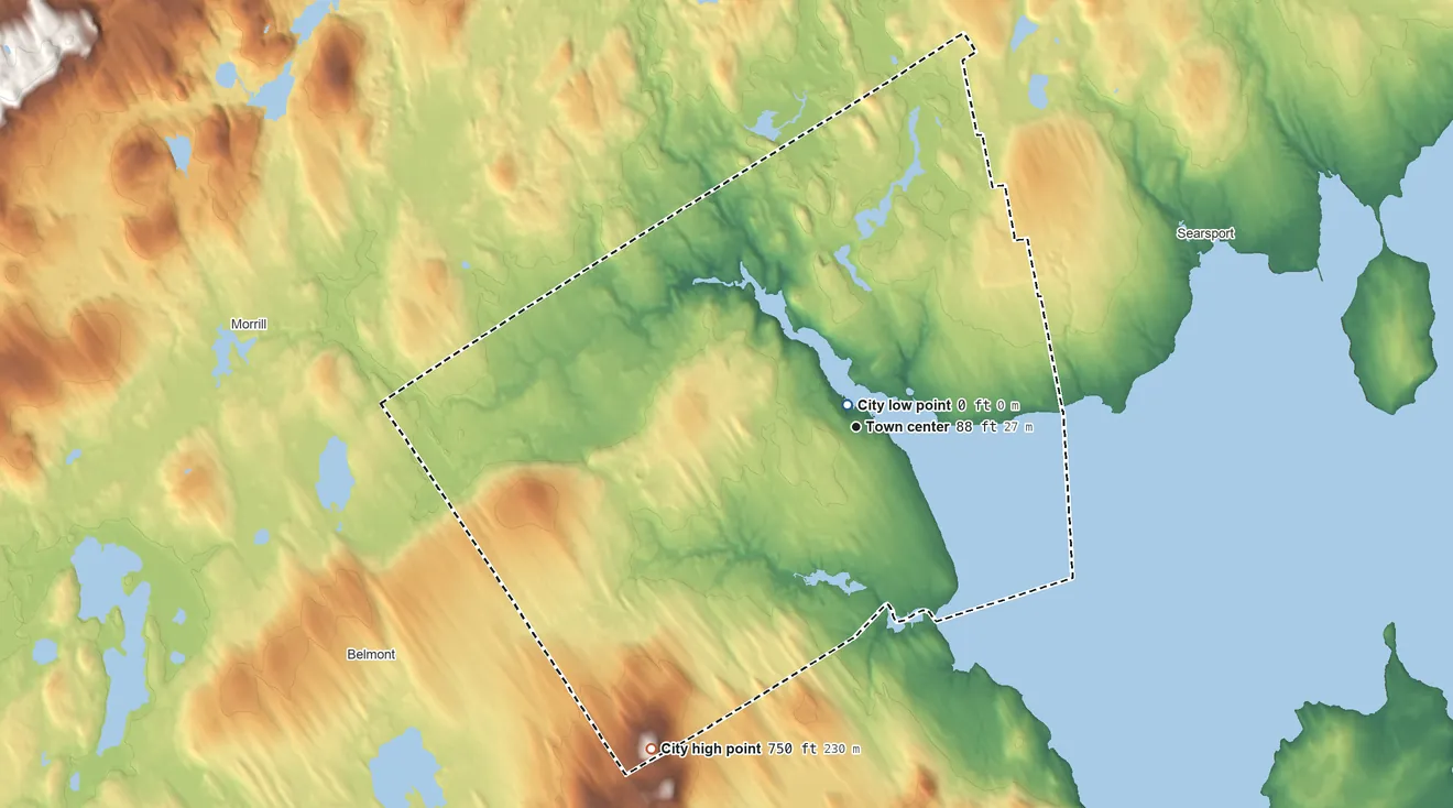 Topographic elevation map of Belfast, Maine, shaded from 0 ft near the middle to 750 ft on Patterson Hill