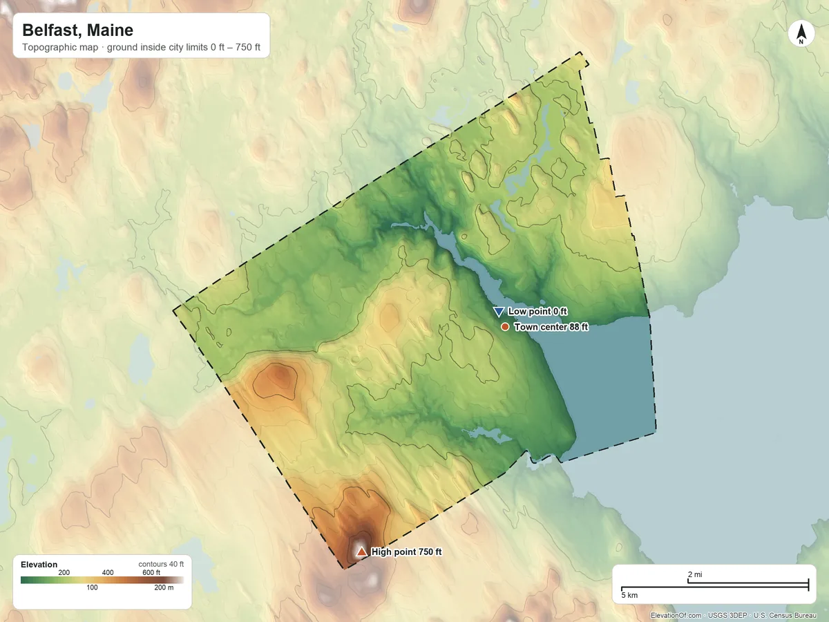 Topographic elevation map of Belfast, Maine, shaded from 0 ft near the middle to 750 ft on Patterson Hill