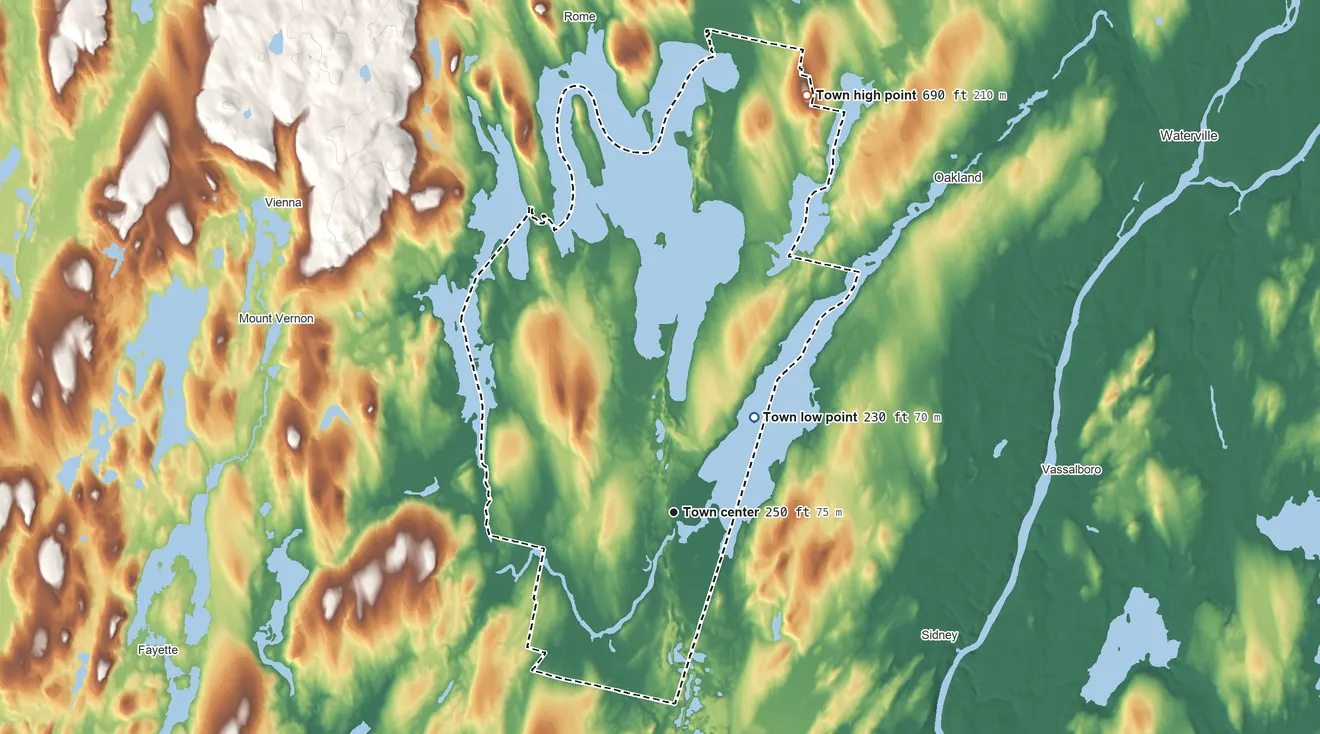 Topographic elevation map of Belgrade, Maine, shaded from 230 ft on the northeast side to 690 ft on Howland Hill