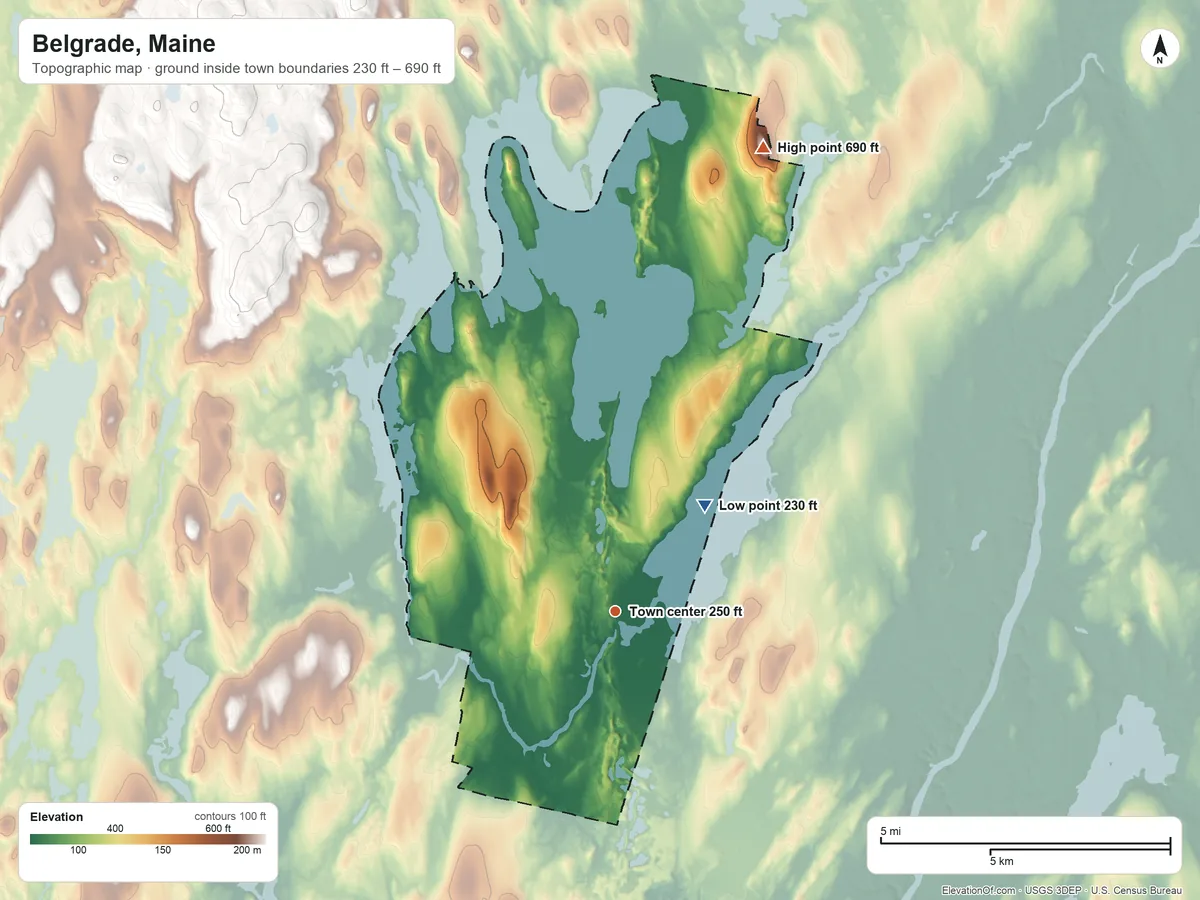 Topographic elevation map of Belgrade, Maine, shaded from 230 ft on the northeast side to 690 ft on Howland Hill
