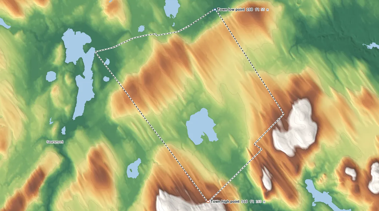 Topographic elevation map of Belmont, Maine, shaded from 180 ft on the north side to 540 ft on the south edge, below higher ground just outside