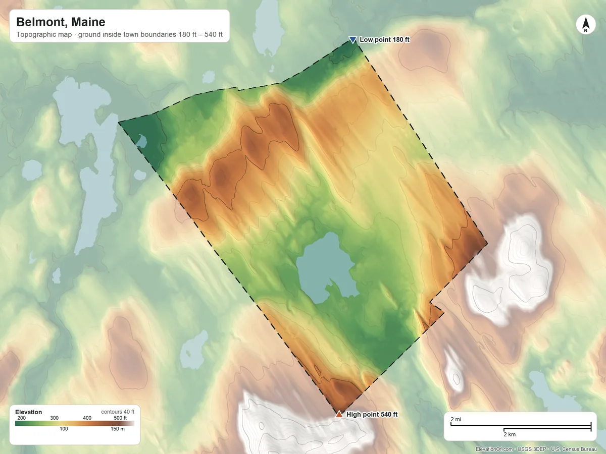 Topographic elevation map of Belmont, Maine, shaded from 180 ft on the north side to 540 ft on the south edge, below higher ground just outside